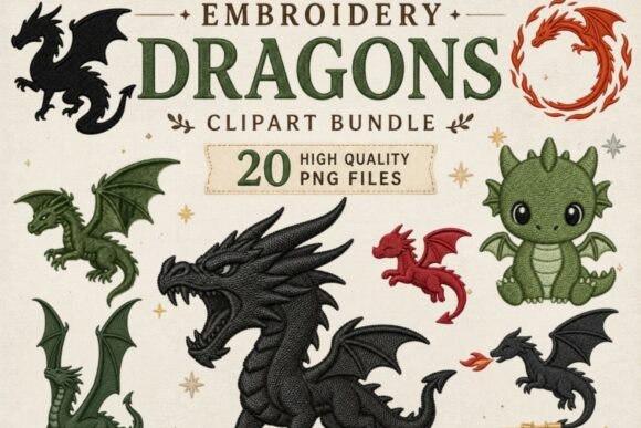 Embroidery Dragon Clipart Bundle for Apparel